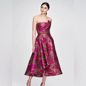 Theia Carolina Strapless Jacquard Dress